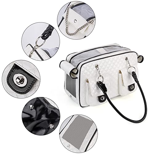 Pet Carrier Fashion Dog Carrier Purse Leather Tote Handbag Bag for Small Puppies Dogs Cat Small Animals Soft TSA Airline (White)