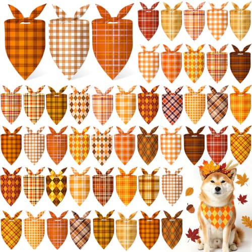 50 Pcs Fall Plaid Dog Bandanas Bulk Autumn Gingham Check Pattern (31.5 x 21.7 x 21.7 Inch / Fall Plaid)