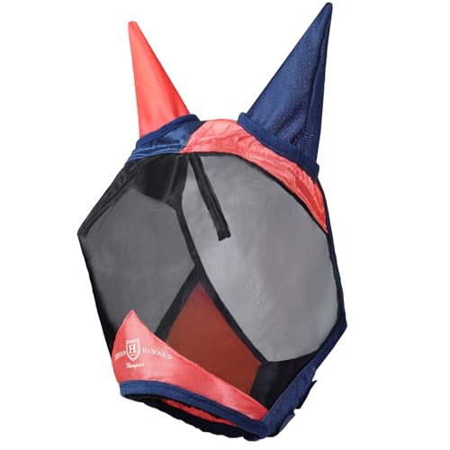 Pro Luminous Horse Fly Mask Standard with Ears UV Protection for Horse Coral Orange (Coral Orange/Navy / Medium (Arabian))