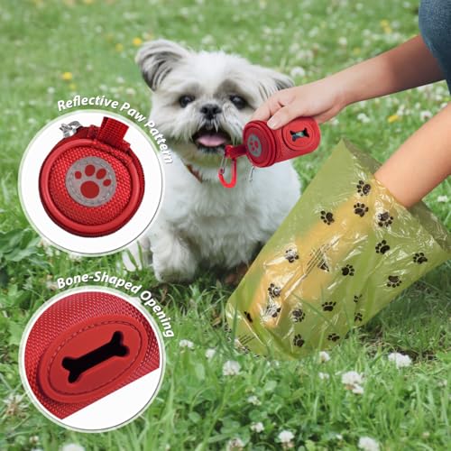 Dog Poop Bag Holder for Leash with Carabiner Clip Soft Fabric (Red)