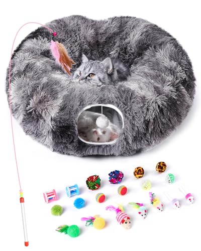 Cat Tunnel Bed with 20 Pcs Interactive Toys (Charcoal Gray)