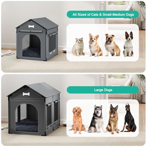 27.6" Dog House Indoor Outdoor Dog Kennel Tent Bed with Door Curtain (Grey / L with Door Curtain: 27.6"L x 21.3"W x 26.8"H)