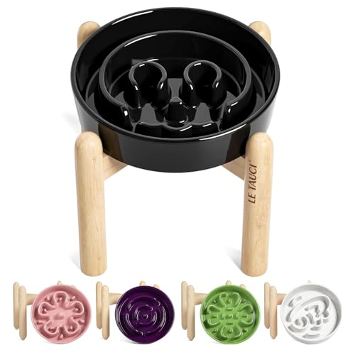 Ceramic Slow Feeder Dog Bowls Elevated (Skull Black+Stand / L-3 Cups)