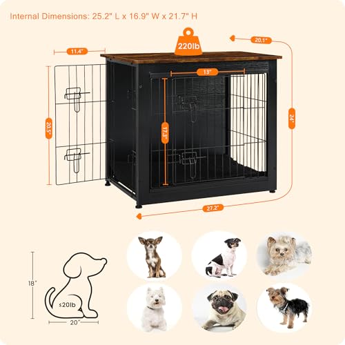 27" Dog Crate Furniture (Black+Rustic Brown / 27.2"L x 20.1"W x 23.6"H)