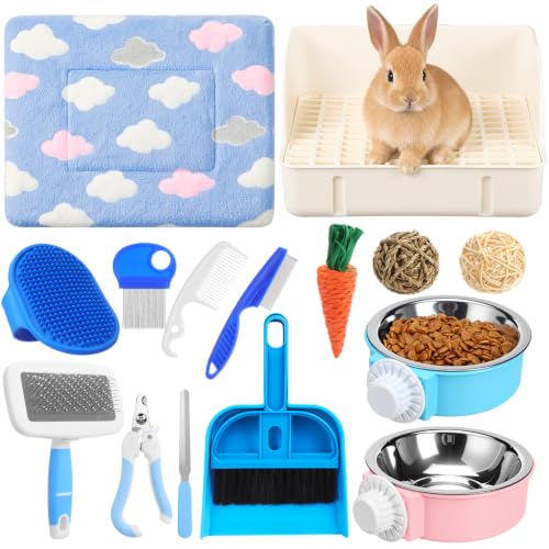 15 Pcs Rabbit Starter Kit Small Rabbit Litter Box Girls Gift Animal Grooming Kit Bunny Toys Bowl Blankets with Cleaning Set for Guinea Pig Accessories (Cream White)