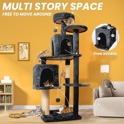 58in Large Cat Tree Tower for Indoor Cats with Soft Plush Hang Ball