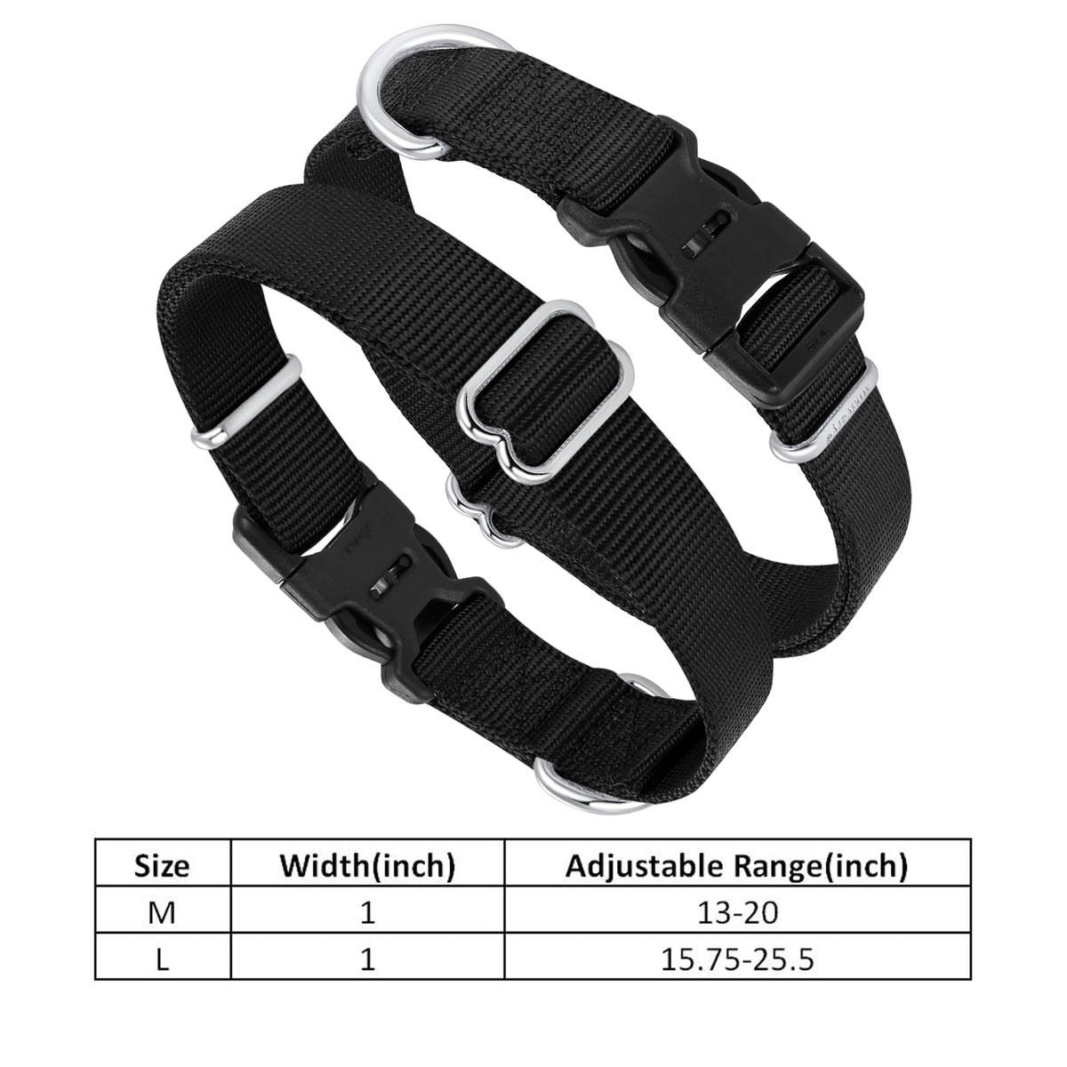 Nylon Dog Collar with Quick Release Buckle Soft Adjustable Sturdy for Small Medium Large Dogs Black (Black / L：17.5"-25.5")