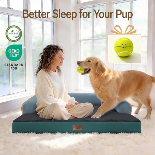 Washable Dog Bed with Bolster for Medium to Large Dogs (Terracotta Teal / 36"L x 27"W x 7.5"Th)