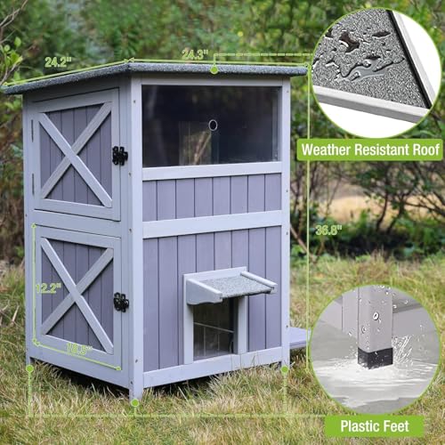 Upgraded Larger Size Outdoor Cat House (Grey / Flat Roof - 24.3"W)