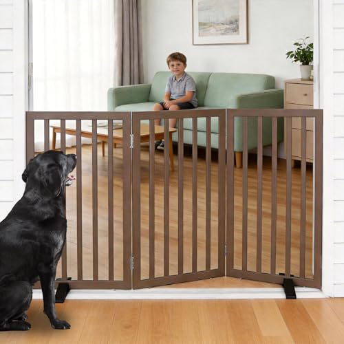 Freestanding Indoor Dog Gate for House Foldable Wood Puppy Gate for Doorways Pet Gate for Stairs Extra Wide Pet Fence (Brown / 【3 Panels】60''w x 32''h)