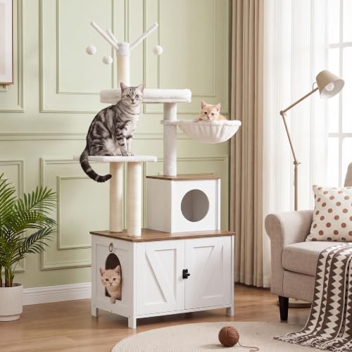 Cat Tree with Litter Box Enclosure for Indoor (White + Walnut)