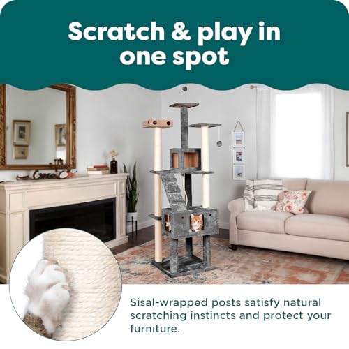 69.3" Tall Cat Scratching Post Tower for Indoor Cats (Cat Tower / Double Decker Playground (Gray))