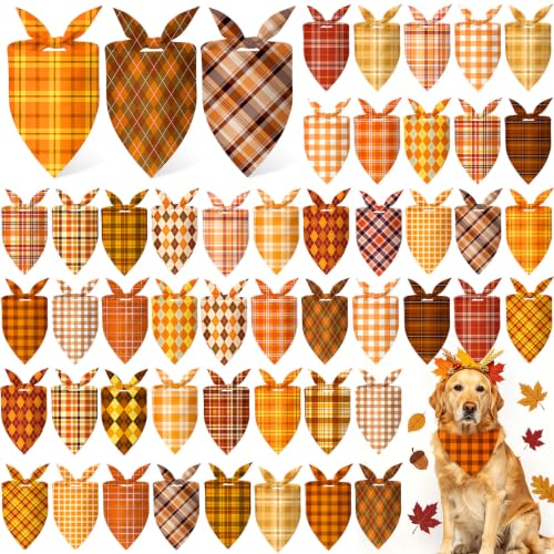 50 Pcs Fall Plaid Dog Bandanas Bulk Autumn Gingham Check Pattern (25.6 x 17.7 x 17.7 Inch / Fall Plaid)