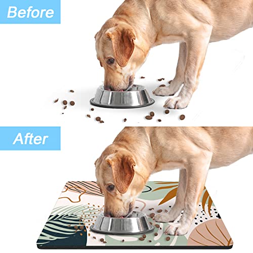 Dog Food Mat 12" x 19" Boho Absorbent Dog Cat Bowl Mat for Food and Water (Boho Tropical Leaves / 12"L x 19"W)