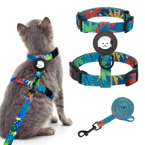 Cat Harness with Airtag Holder (Green Leaves (Buckles on Neck & Chest))