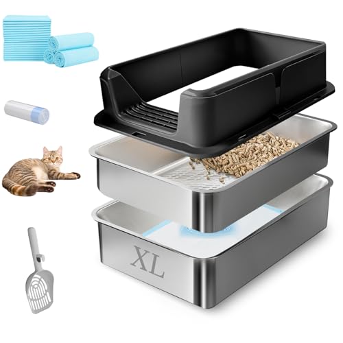 Stainless Steel Sifting Litter Box for Pine Pellets (Black / X-Large(24" x 16" x 12"))