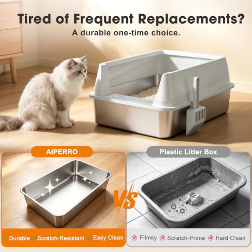 Stainless Steel Litter Box 2 Pack Metal Cat Litter Boxes with Lid (Silver Grey / Large)