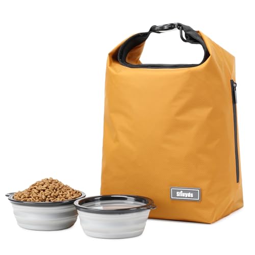 Pet Food Storage Dog Food Travel Container with 2PCS Collapsible Dog Travel Bowls Waterproof Kibble Storage Bag (Yellow / 12L)