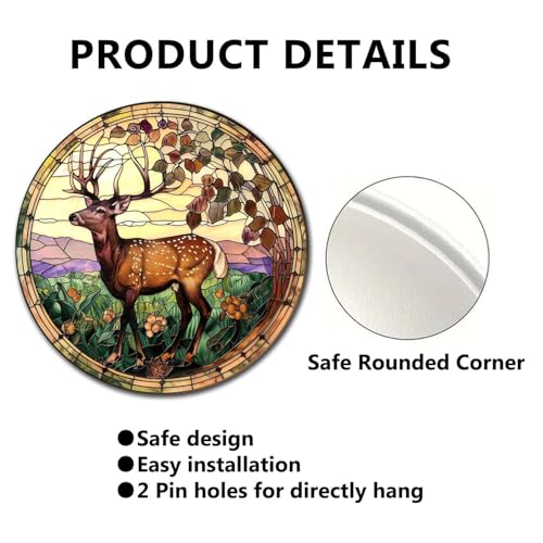Metal Sign Tin Sign Circular Stained Glass Deer Metal Sign for Club 12×12 Inches (12×12 Inches / Deer-1)