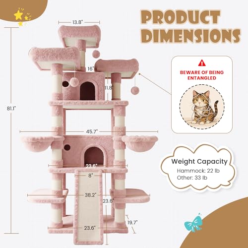 81 Inches Extra Large Cat Tree for Indoor Adult Cats (81in / Pink)