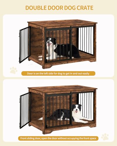 39.3" L Dog Crate Furniture Indoor Dog Kennel with Barn Door (Rustic Brown / 39.3"L x 23.6"W x 26.8"H)