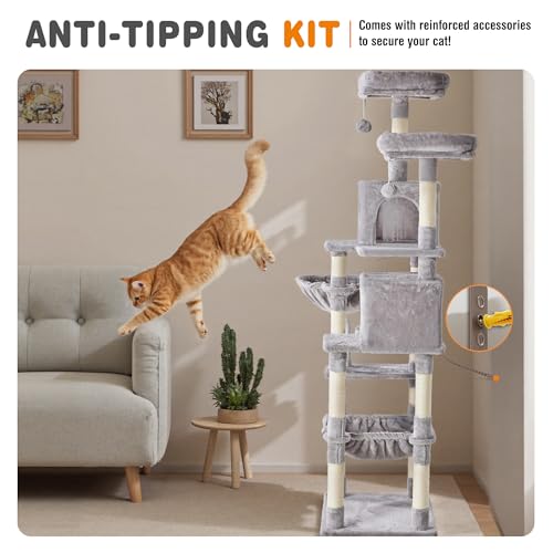 71 Inch Large Cat Tree Tower with Sisal Scratching Post (Light Grey / 71 Inches)
