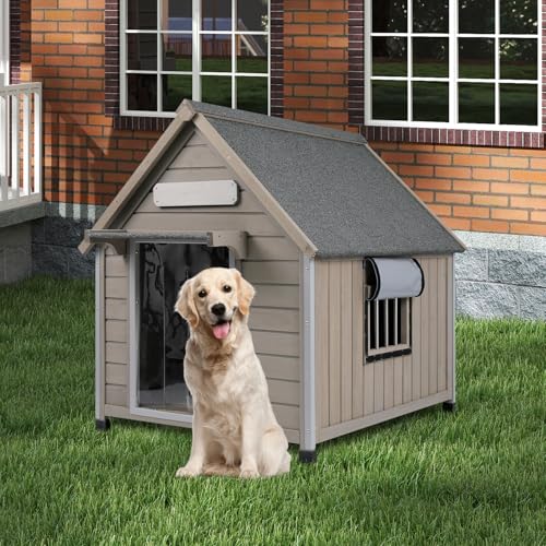 Outdoor Dog House Weatherproof Large Wooden Dog Kennel Indoor for Small Dogs with Chew (Grey / 30.5" D x 37.4" W x 39.3" H)