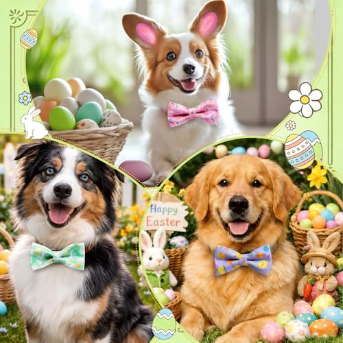 50 Pcs Spring Dog Collar Bowties Rabbits Chicks Eggs Carrots Collar Dogs Accessories Attachment with Elastic Bands Detachable Charms for Pets Holiday Costume Photo Props Accessories Shops (Easter)