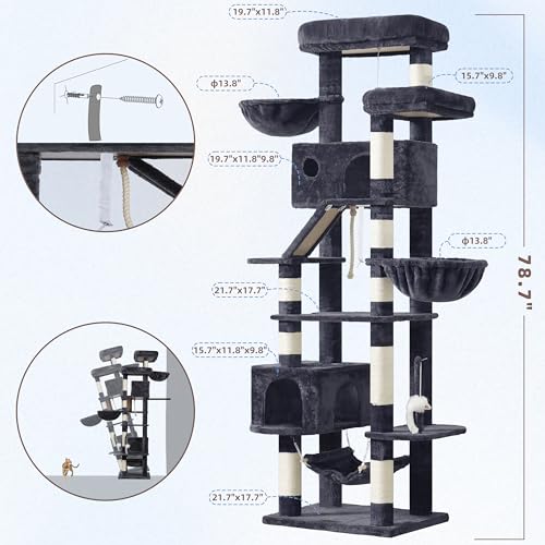 Tall Cat Tree Tower for for Multiple Cats (78.7 inch / Smoky gray)