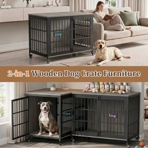 42 in Heavy Duty Dog Crate Furniture on Lockable Wheels (Grey / 42.1"L x 29.3"W x 31.2"H)