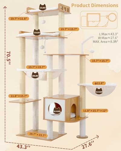 Cat Tree 70.5" Wood Tall Cat Tower for Large Indoor Cats HCT121WB (Walnut / 70.5 inch)