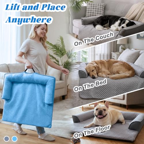 Cooling Dog Bed Mat with Bolster Pillow Washable Dog Couch Cover Breathable Summer Pet Couch Bed Protector Indoor (Cooling Blue / 45.0"L x 37.0"W x 6.0"Th)