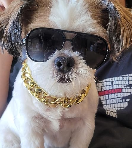 C02 Dog Pet 2pcs Costume Aviator Sunglasses with Chain Necklace for Small Breed up to 15lbs (S, Up to 15lbs, Aviator Black+Gold Chain)