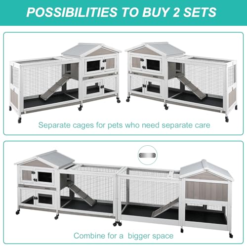 2 Tier Rabbit Hutch with Wheels (60"L x 19"W x 35"H)