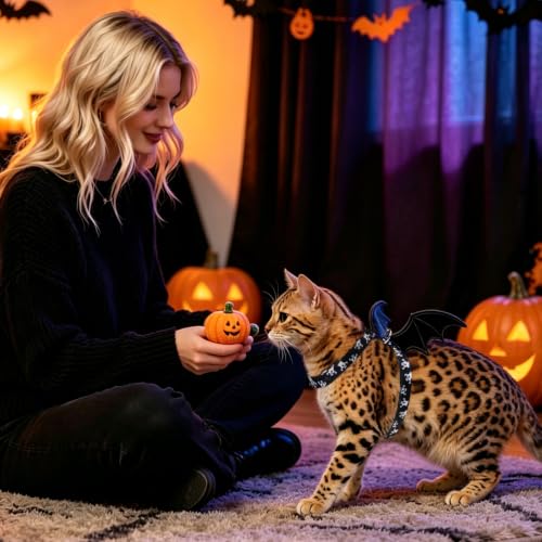 Halloween Adjustable Cat Harness and Leash Set Escape Proof Kitten Strap Collar for Walking Travel (Small / Black(Halloween))