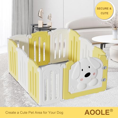 Puppy Play Pen for Indoor with Cute Dog Door (yellow&white / 10 Fence Panels+1 Door)