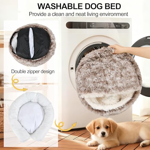 Calming Dog Beds & Cat Cave Bed with Hooded Cover (24.00" x 24.00" x 8.00" / Coffee)