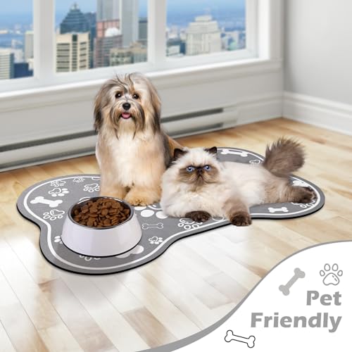 Dog Cat Food Mat (24"L x 16"W / Bone Shaped Grey)