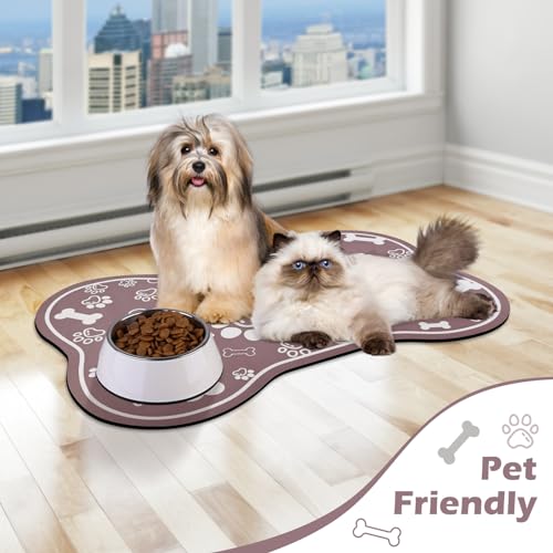 Dog Cat Mat for Food and Water (18"L x 12"W / Bone Shaped Brown)