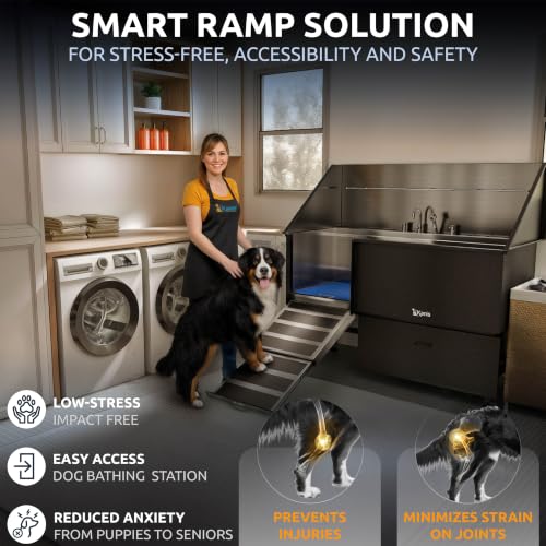 Professional Dog Washing Station 304 Stainless Steel Pet Wash Sink (Black, Left Ramp, 1 Drawer / 61 Inches)