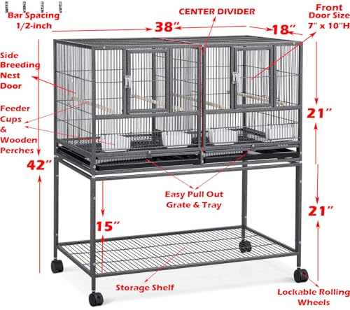 Combo One Stacker Strudy Wrought Iron Center Divided Breeder Breeding Bird Flight Double Rolling Cage for Aviaries Canaries Cockatiels Lovebirds Finches Budgies Small Parrots (Black Vein)