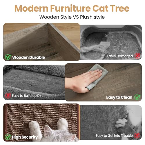 Modern Wood Cat Tree Tower for Indoor Large Adult Cats with Big Perch Bed (Greige1 / 33.8 Inches)