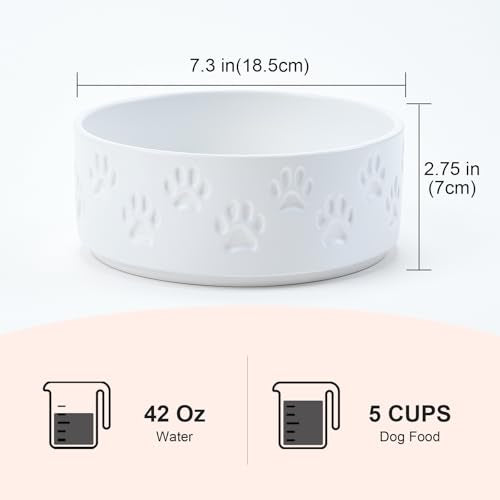 Ceramic Dog Bowls 2 Pack (7.3 in - 5.3 cups / Paw White - Only Bowls*2)