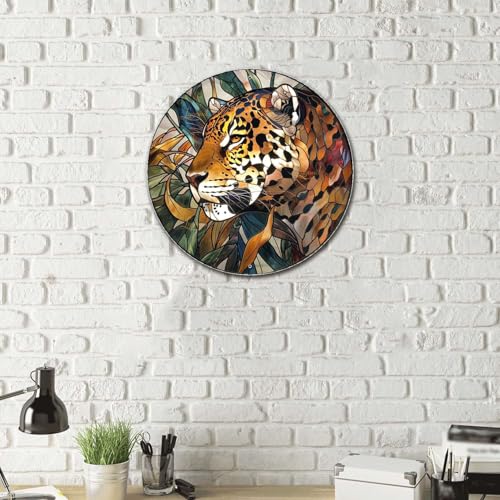 Metal Sign Tin Sign Circular Stained Glass Jaguar Tin Sig For Pet 8×8 Inches (8×8 Inches / Jaguar-2)