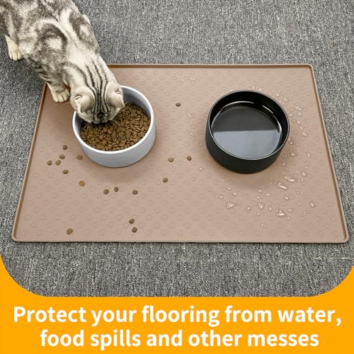 Dog Food Mat Waterproof Pet Bowl Mats with High Lips (24.5"L x 16.5"W / Taupe)