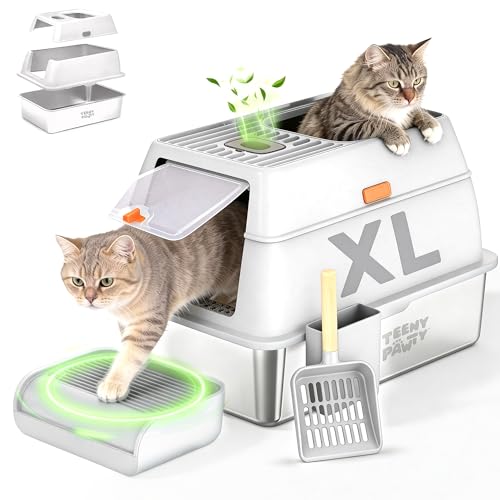 XL Stainless Steel Cat Litter Box with Enclosure and Pooper Scooper (White)
