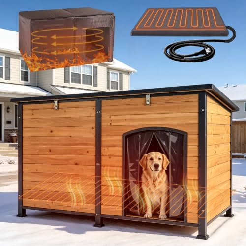 XXL 59" Extra Large Heated Dog House for Outside with Iron Frame