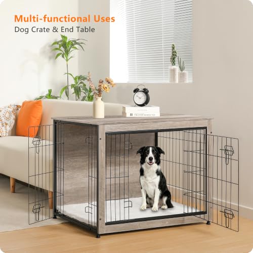 Dog Crate Furniture with Cushion (Greige / 38.5"L x 25.6"W x 26.8"H)