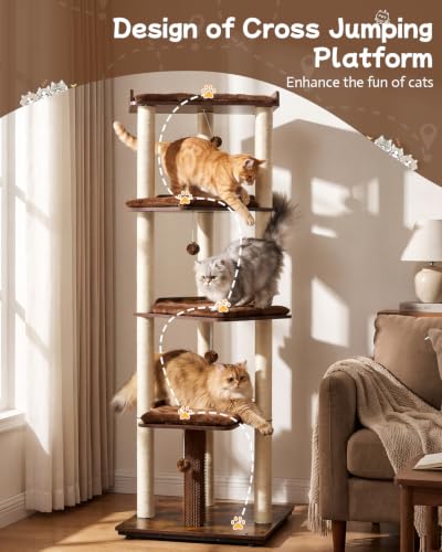67.7" Wooden Cat Tree for Large Cats (Rustic Brown / 23.6"L x 22.8"W x 67.7"H)