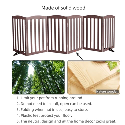 Foldable Freestanding Indoor Dog Gate for House Wood Long Pet Gates Dog Fence for Stairs Puppy Gates for Hallways (Brown / 【6 Panels】120''w X 32''h)